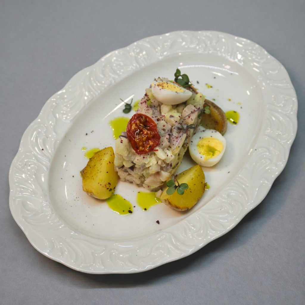 Тар-тар из сельди с зеленым яблоком и печеным картофелем