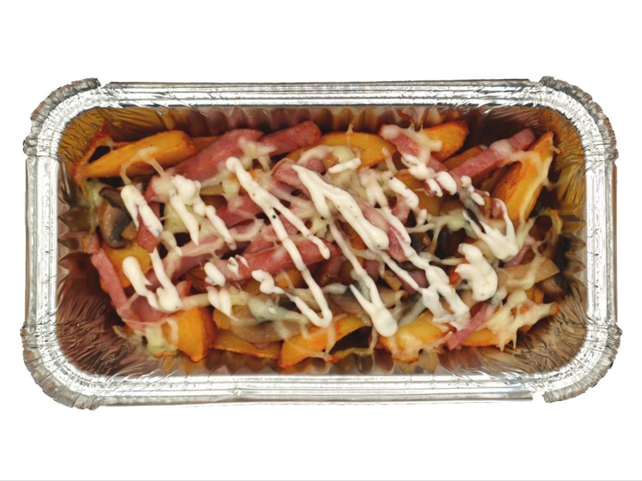 Картофельные дольки с ветчиной и грибами