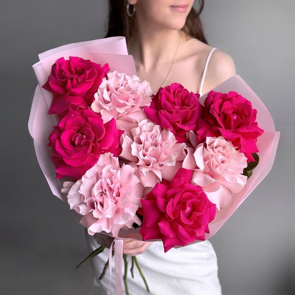 Яркий стильный букет розовые французские розы Пинк Флойд и Пинк Мондиаль