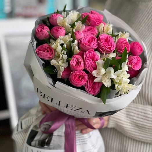 Пионовидная роза и альстромерия 