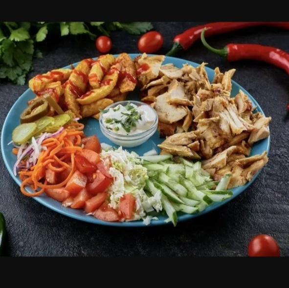 Шаурма на тарелке с куриной грудкой