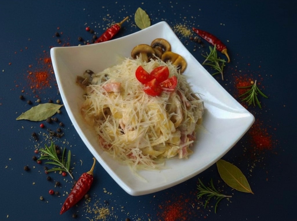 Паста с курицей и шампиньонами