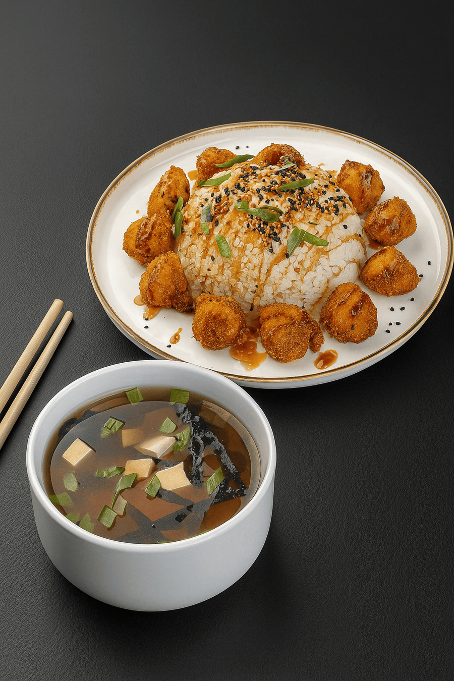 Мисо суп с лососем и Шампиньоны тонкацу с рисом