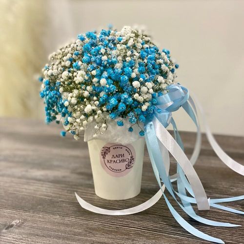 Букет из гипсофилы в стаканчике в бело-голубом цвете