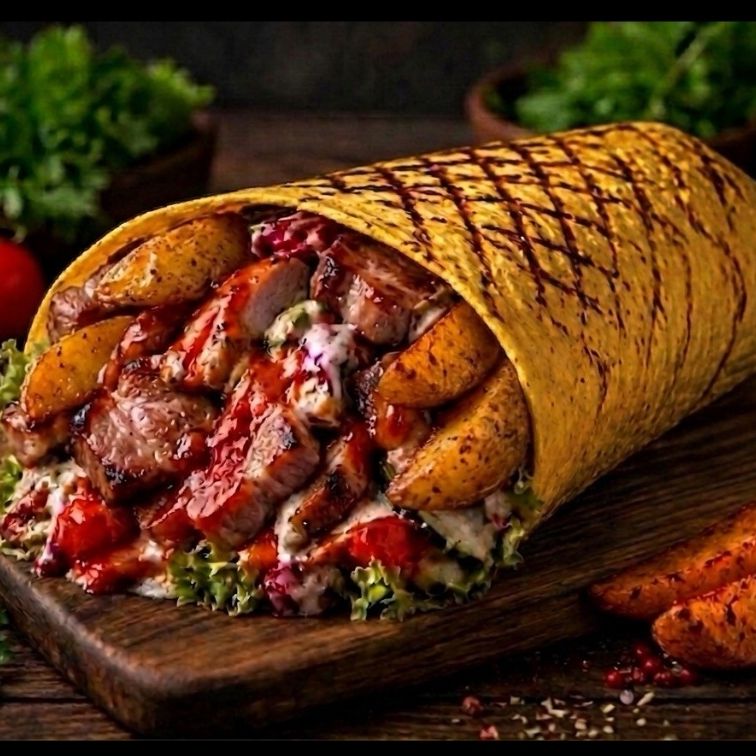 Шаурма со свининой и картофелем по-деревенски в сырном лаваше