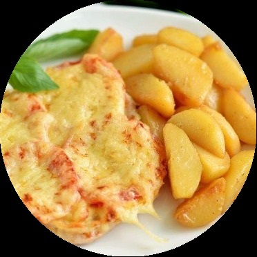 Мясо по-французски с картоф. по-деревен.