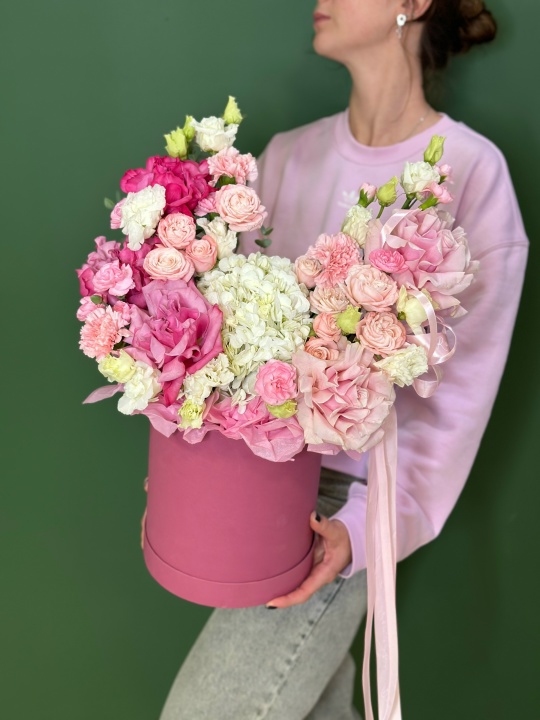 Коробка с гортензией ,французскими розами ,кустовыми розами ,эустомой и пионовидныии розами