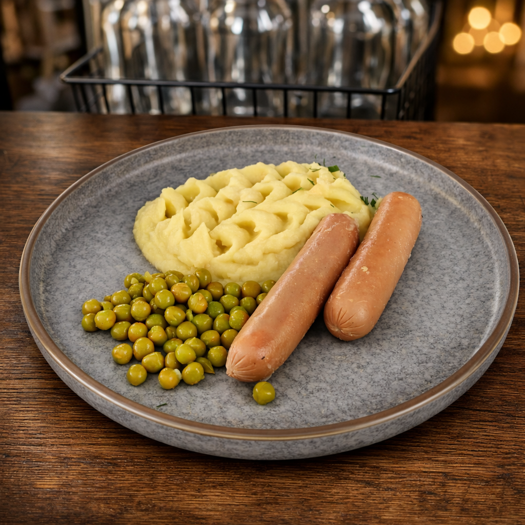 Сосиски с пюре и зелёным горошком