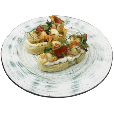 Брускетты с креветкой, томатами с соусом песто