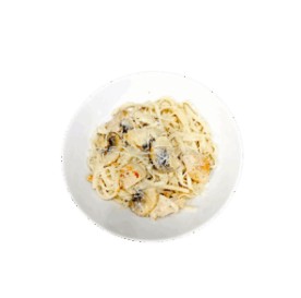 Паста с удоном, куриным филе и грибами