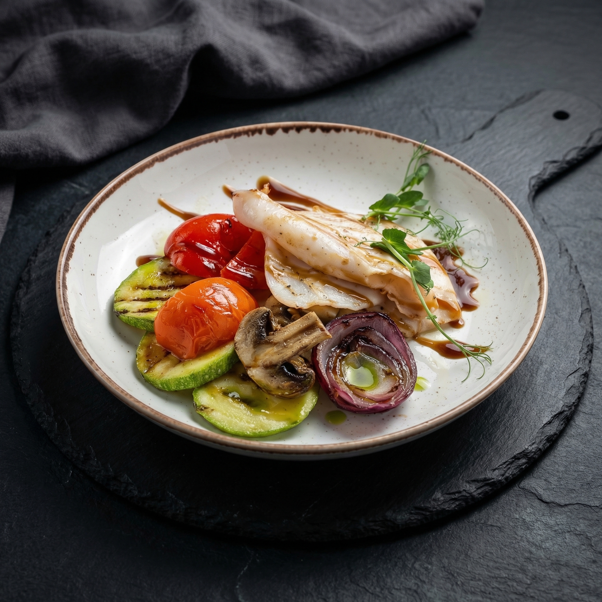 КАЛЬМАР С ОВОЩАМИ-ГРИЛЬ В СОУСЕ ТЕРИЯКЕ