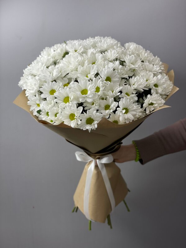 Букет из 11 белых ромашковых кустовых хризантем в крафте