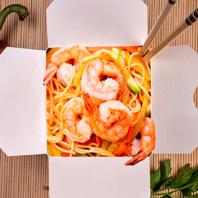 Морепродукты с яичной лапшой и терияки