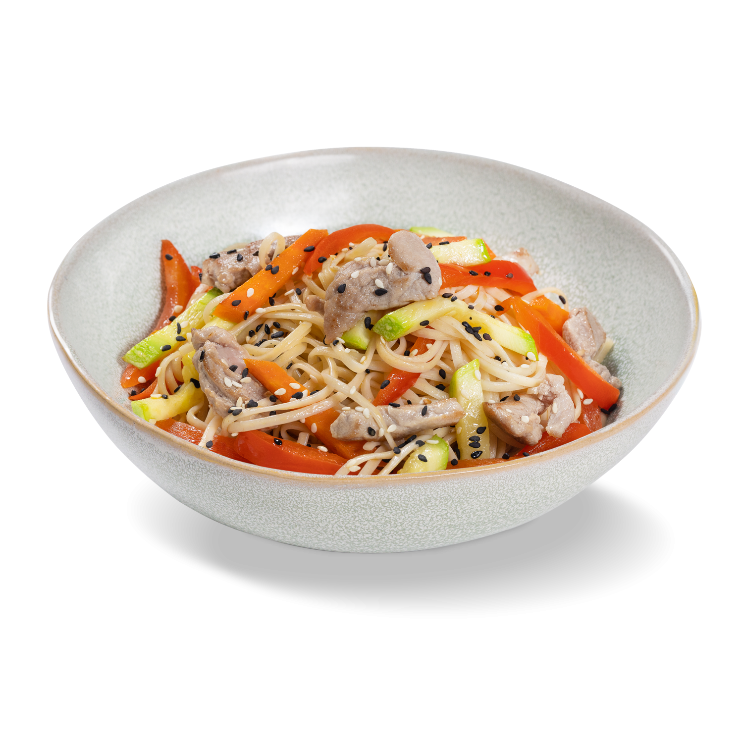 Лапша яичная со свининой и овощами с соусом терияки