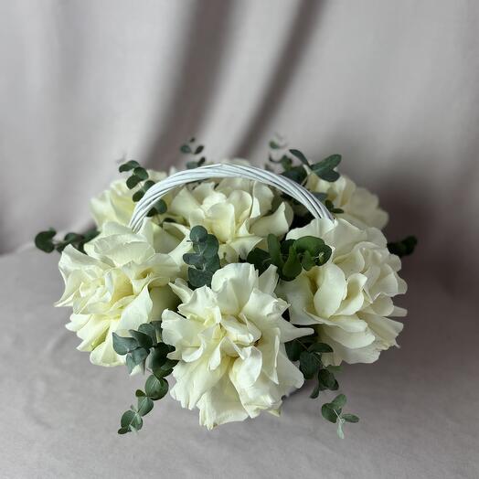 7 французских роз с эвкалиптом в корзине