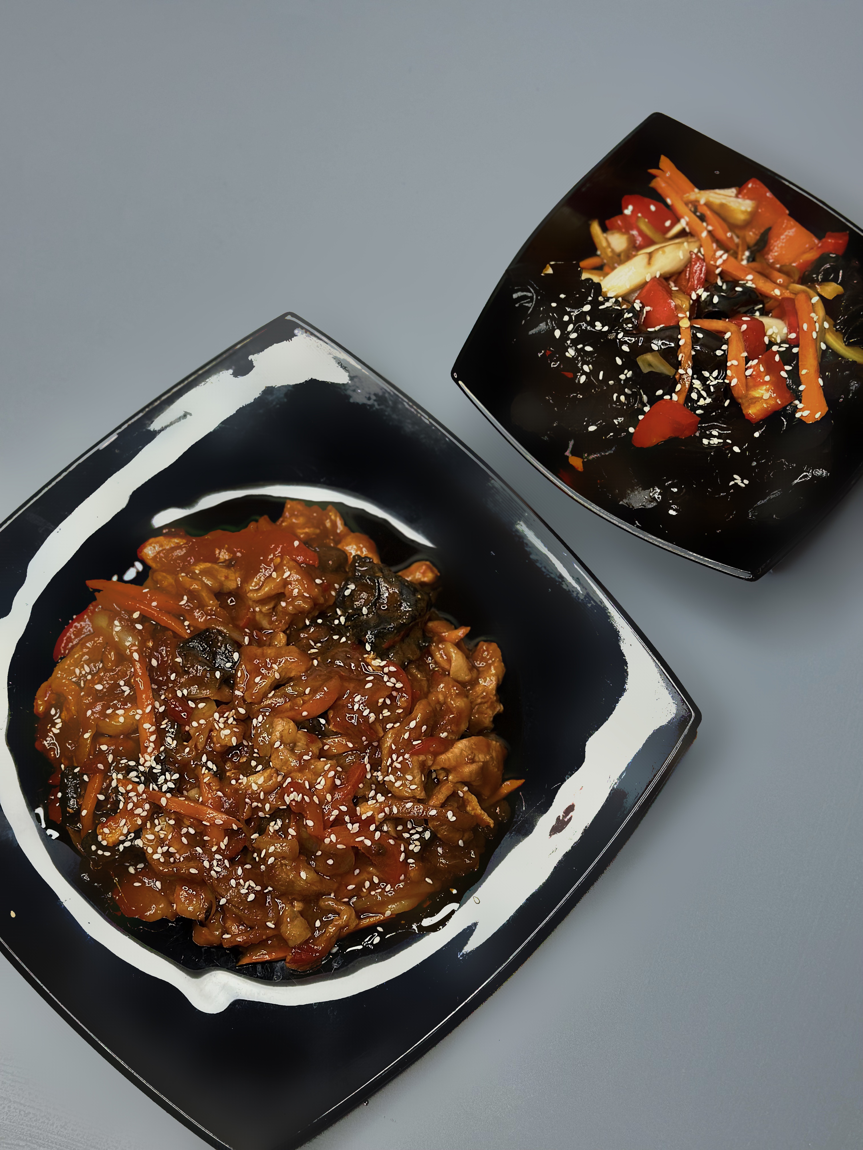 Мясо веревочкой + Теплый салат с грибами