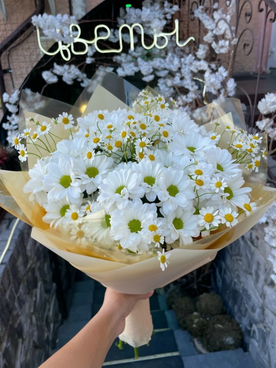 Нежный букет хризантем и ромашек