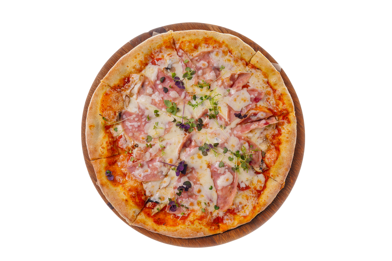 Пицца с ветчиной и грибами (соус сливочный)