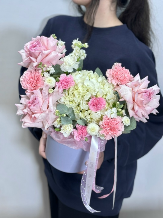 Коробка с гортензией ,французскими розами,маттиолой и диантусами