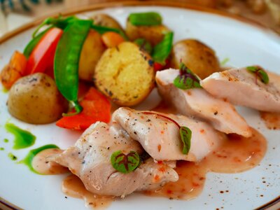 Куриные филе с овощами и ореховым соусом