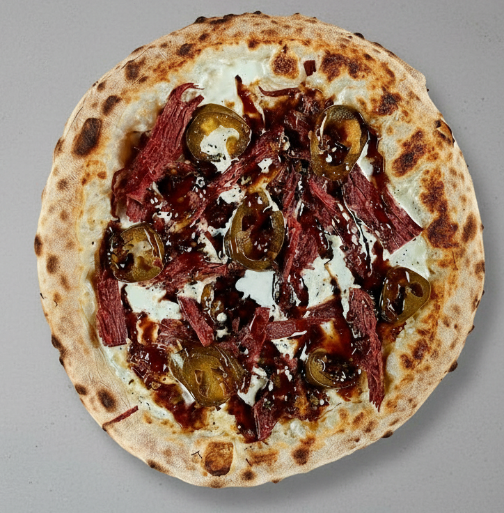 Пицца с пастрами из говядины, квашеной капустой и халапеньо 