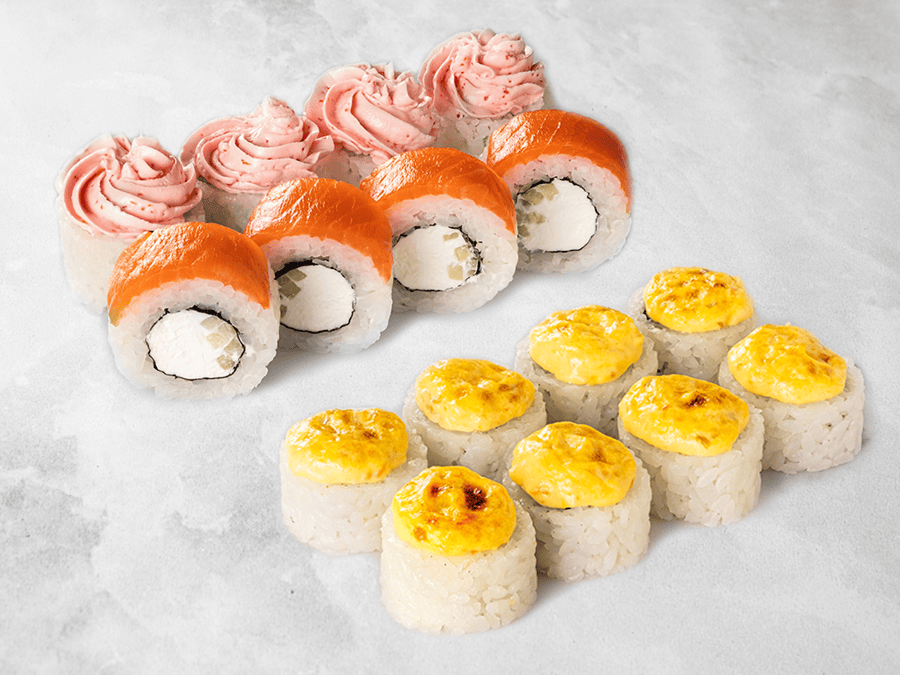 1/2 Филадельфия лайт + 1/2 Лава с лососем + Сырный лосось