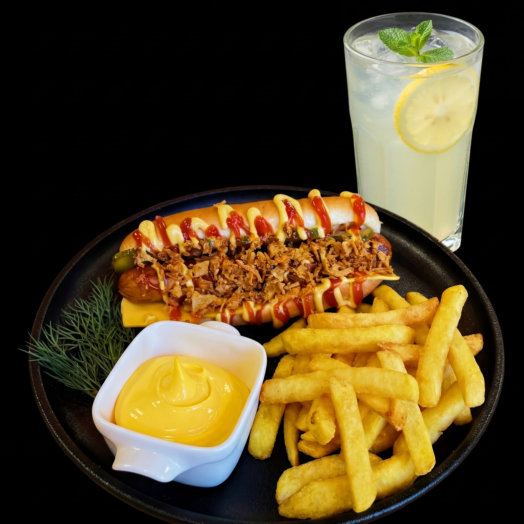 Комбо 2 - Датский Хот-дог, Картошка (100гр.), соус и напиток.