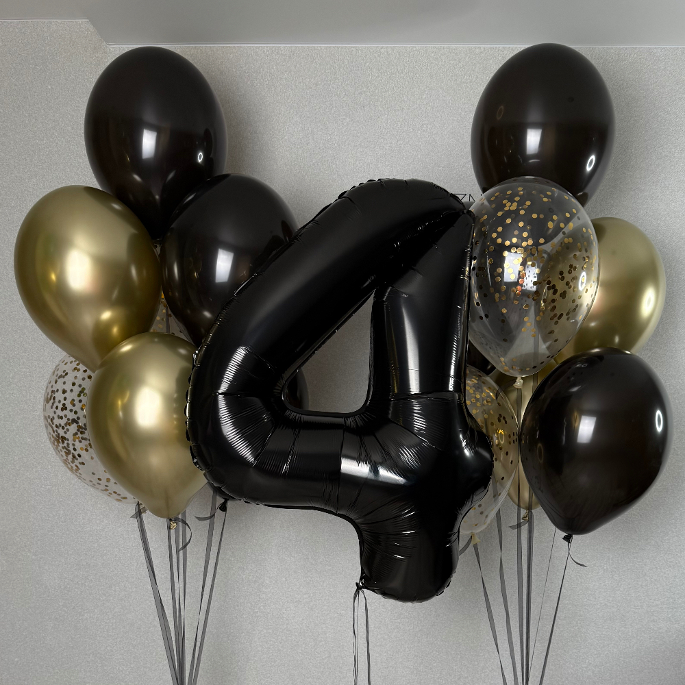 Любые цифры и 2 фонтана из черных и золотых шаров