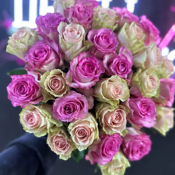Букет из 31 сиреневой и кремовой розы на атласной ленте
