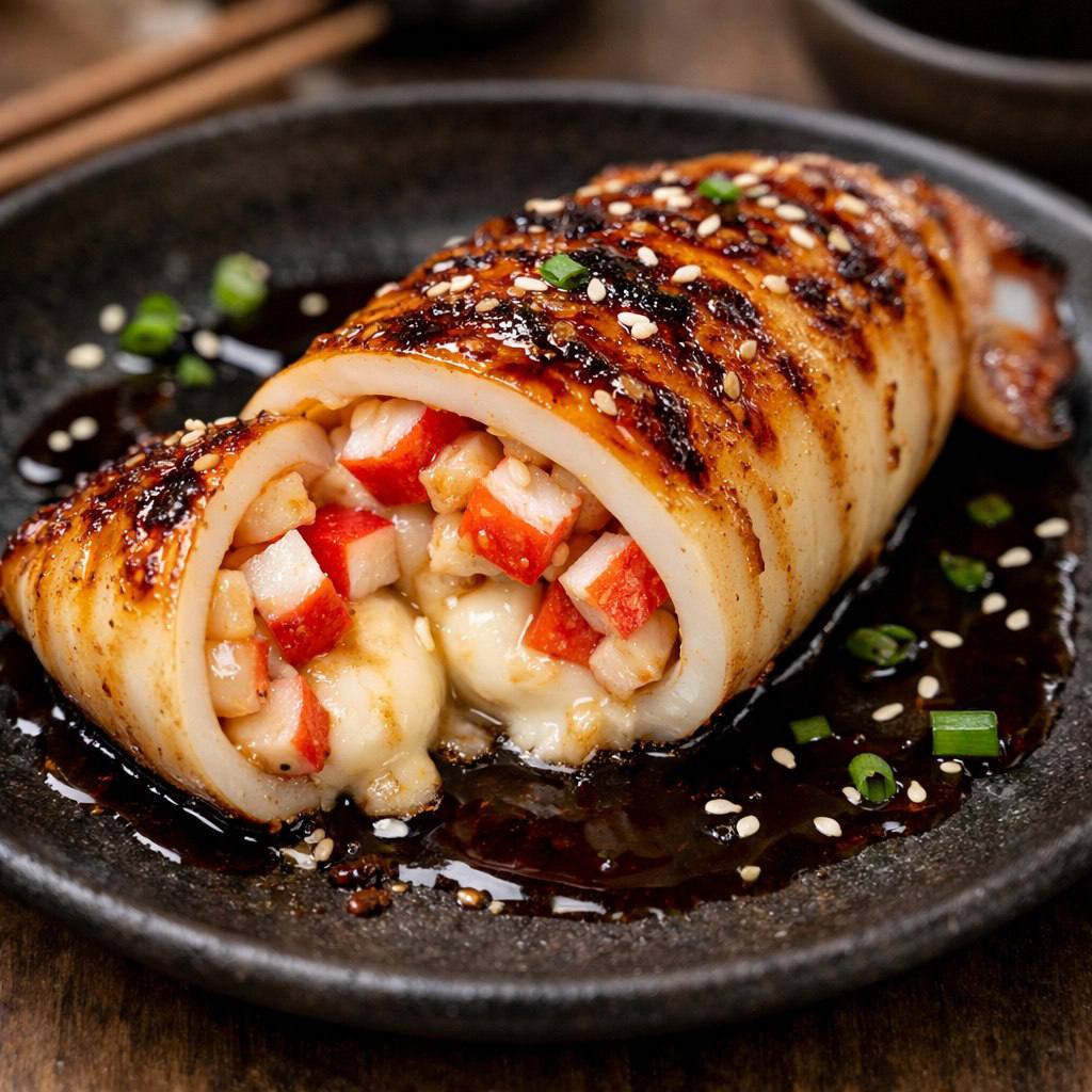 Кальмар фаршированный с крабом в соусе терияки