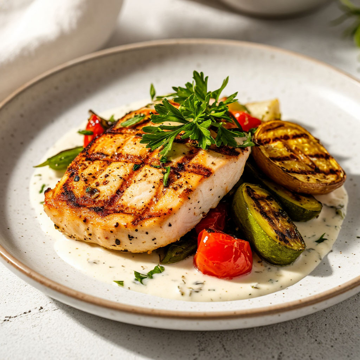Куриная грудка с овощами на гриле и соусом "Альфредо"