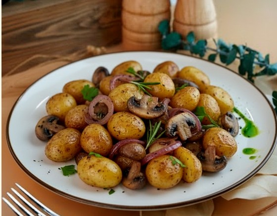 Бейби картофель с грибами и луком