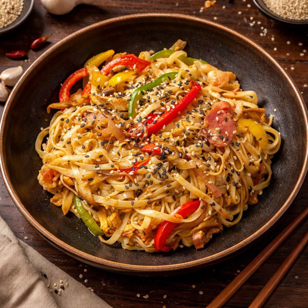 Вок курица и бекон с овощами