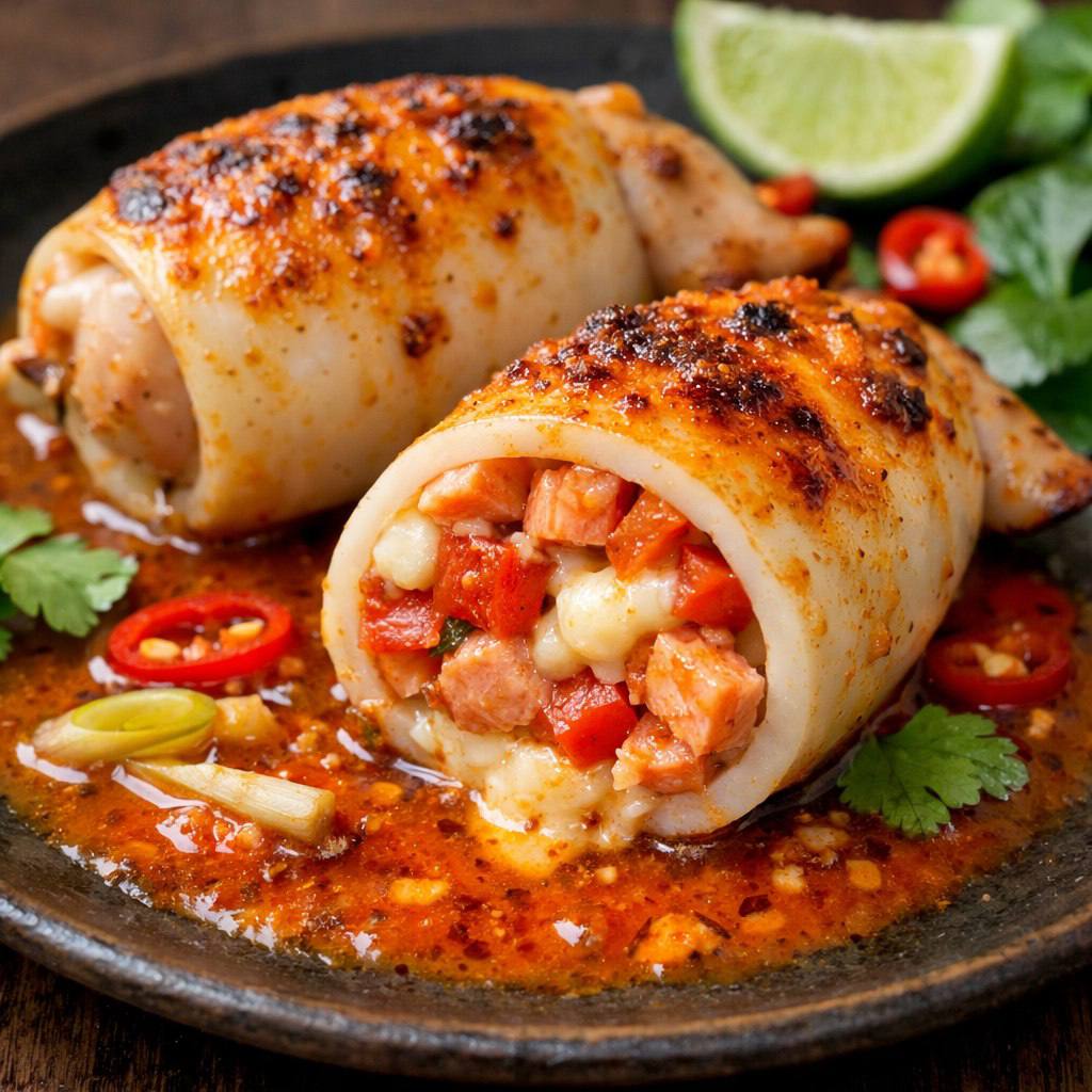 Кальмар фаршированный с форелью и томатами в соусе том-ям