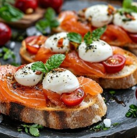 Брускетта с форелью и моцарелла