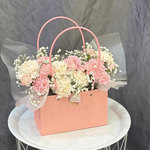 Букет из диантусов с гипсофилой, в сумочке (к1226)