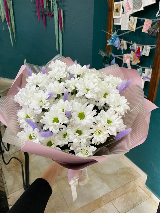 Букет ромашковых хризантем с лагурусом