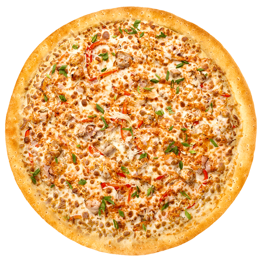 Шашлык куриный, бекон, перец болгарский, лук маринованный и зеленый, сыр Моцарелла, соус Фирменный