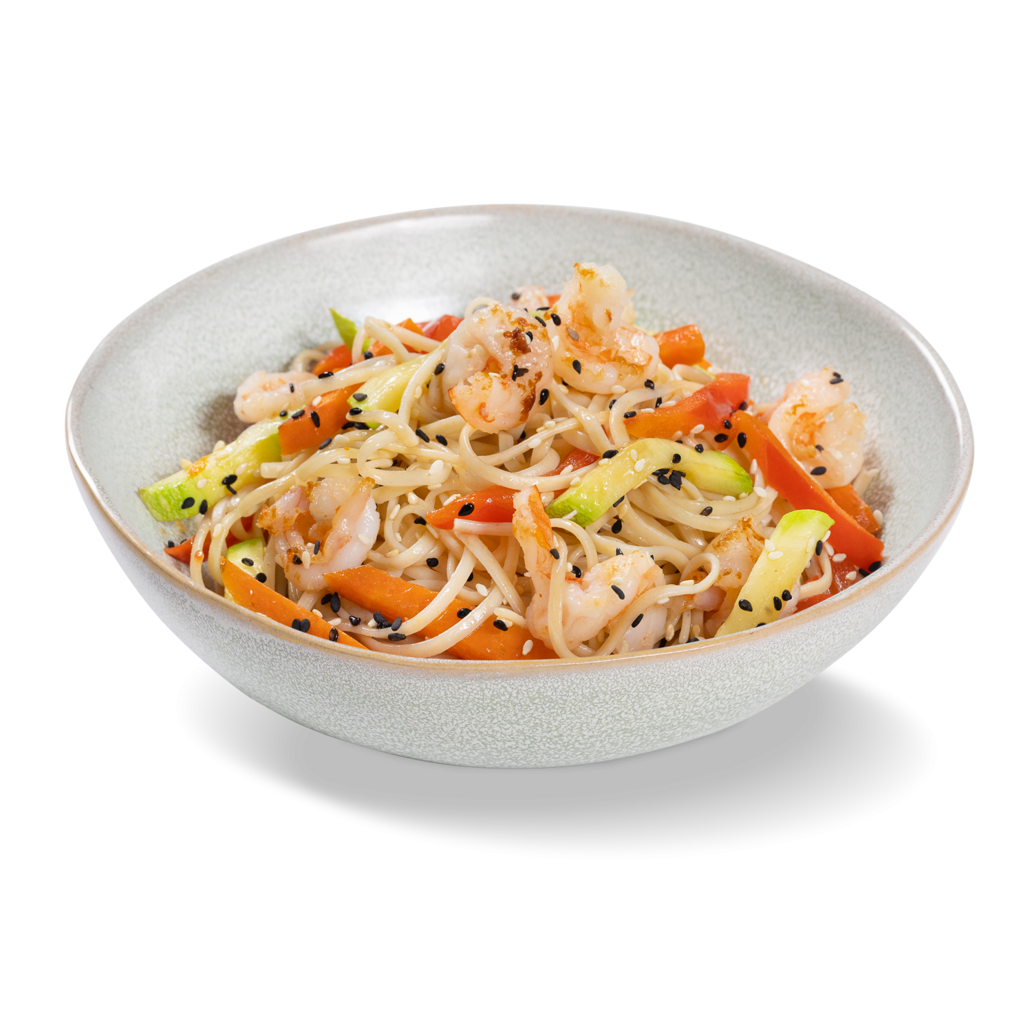 Лапша яичная с креветками и овощами с соусом терияки
