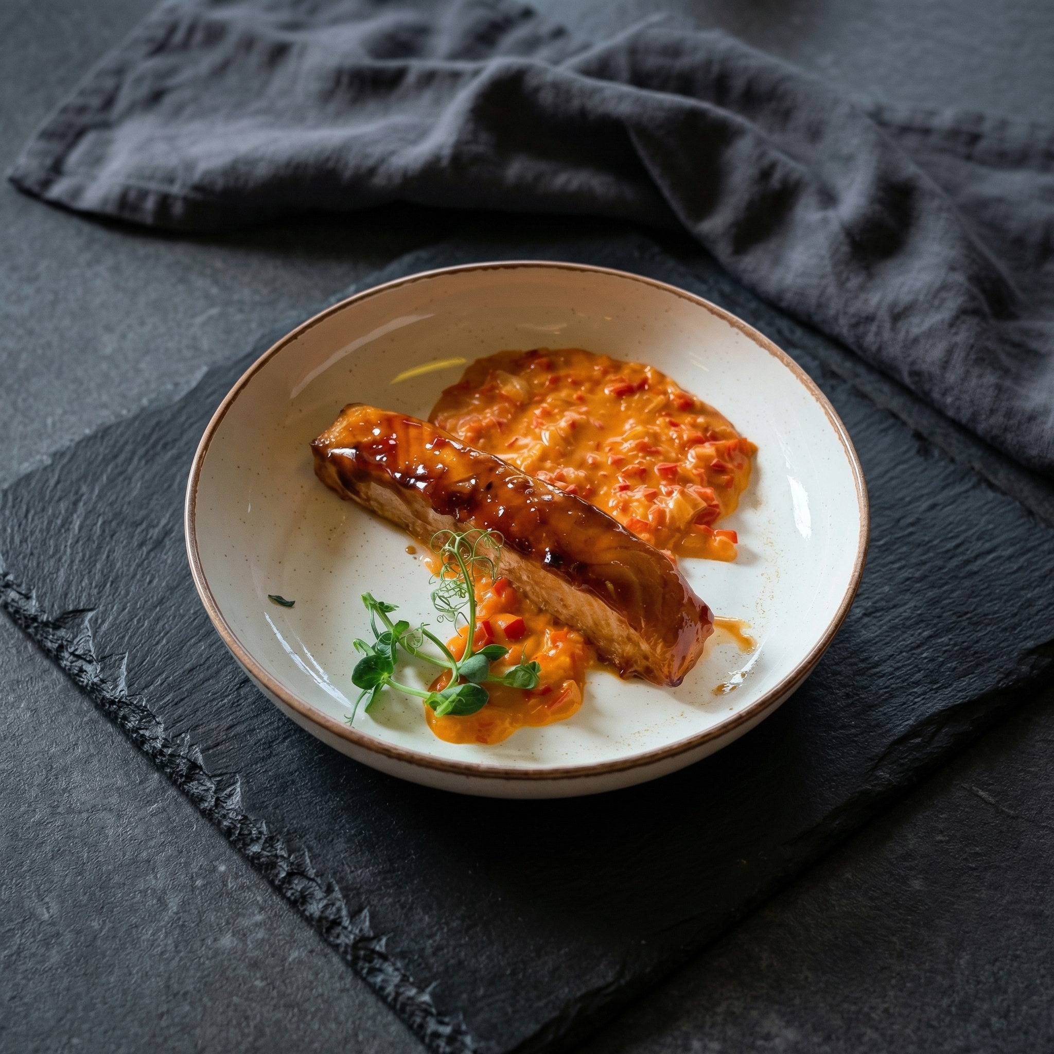 Стейк из сёмги в глазури терияке с испанским соусом