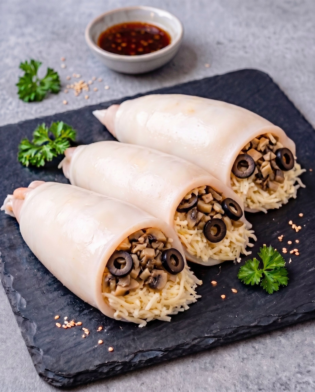 Кальмар фаршированный с грибами и маслинами