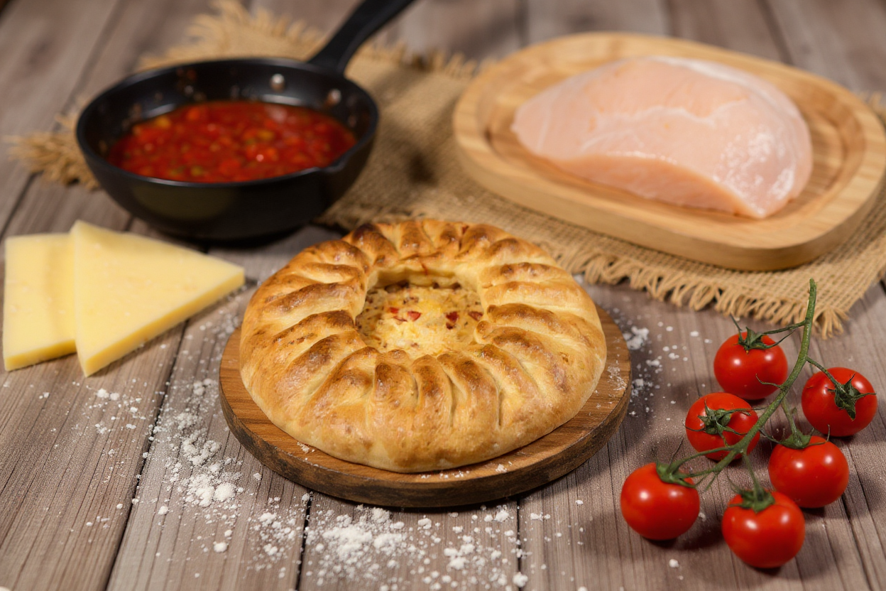 Хычин с курицей, сыром и помидорами