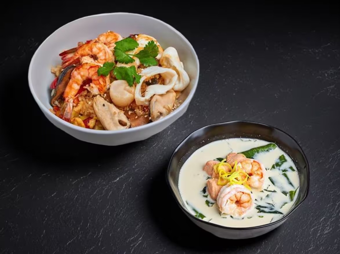 Рис с морепродуктами + Сливочный суп креветкой и лососем