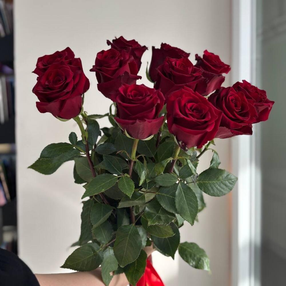 11 красных роз под лентой