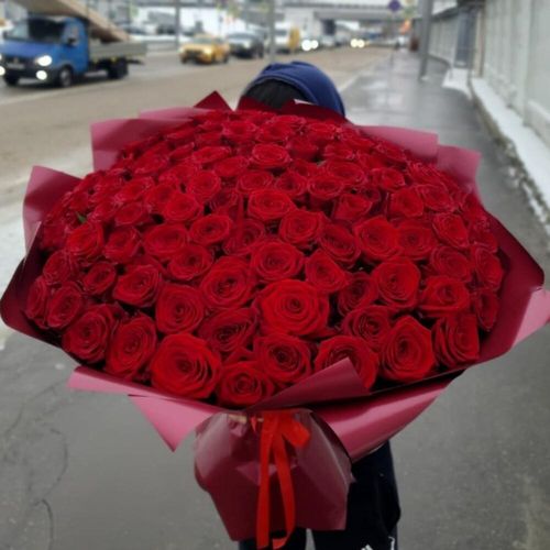 101 красная роза в красной диз упаковке
