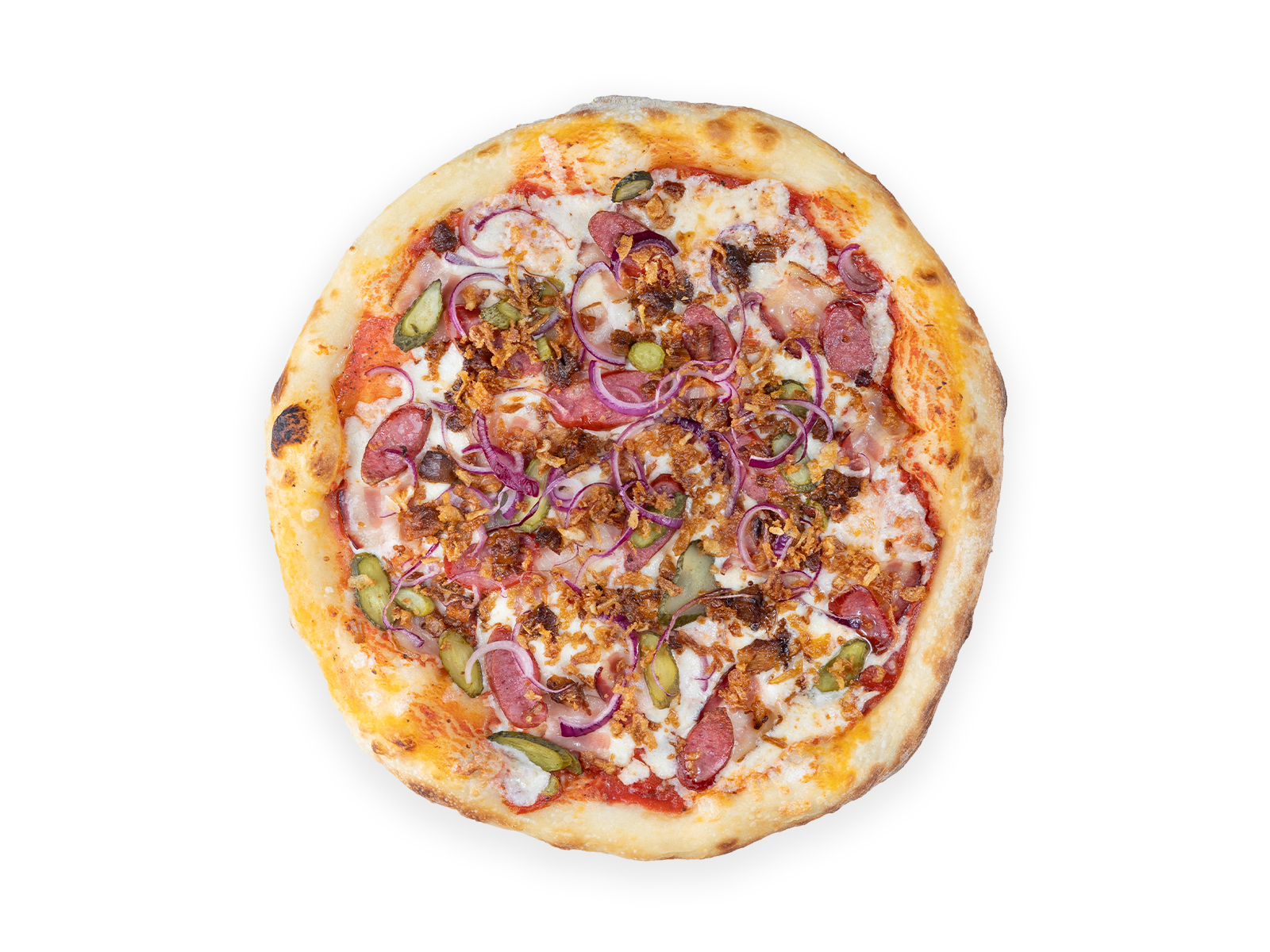 Пицца с беконом и охотничьими колбасками