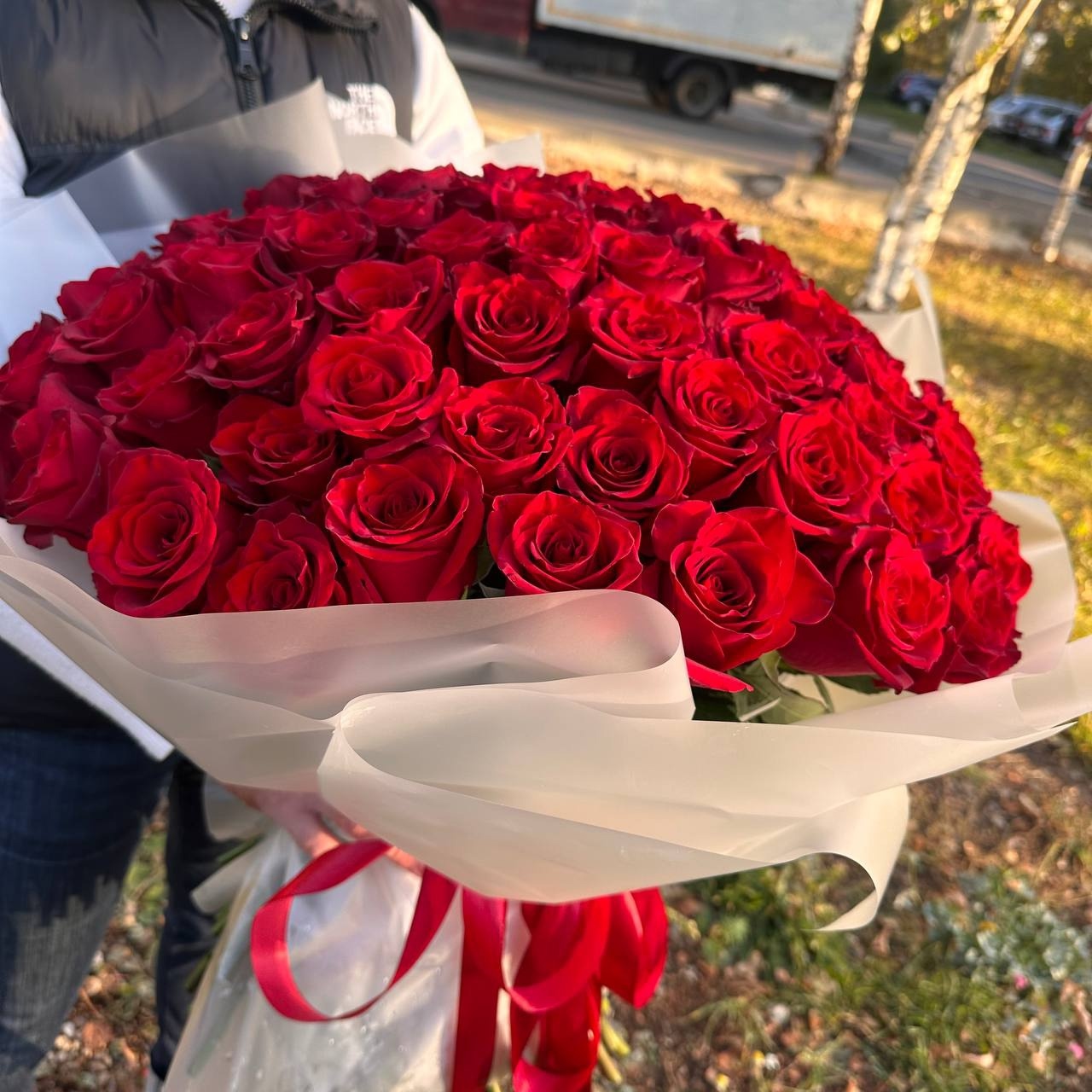 Монобукет из 101 бордовой розы (60 см, Эквадор)