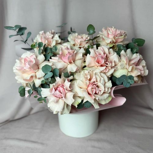 Франц розовые розы в коробке с эвкал