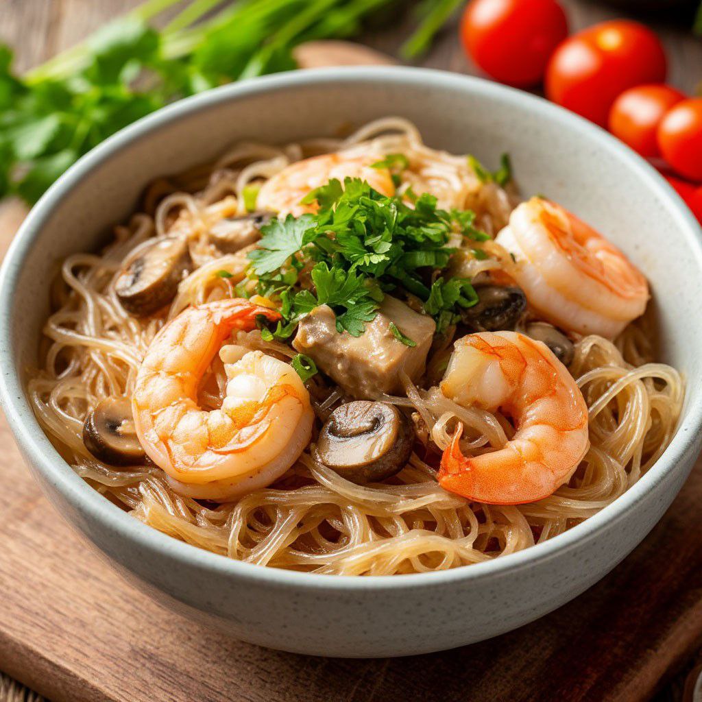 Фунчоза с курицей и крвекетками