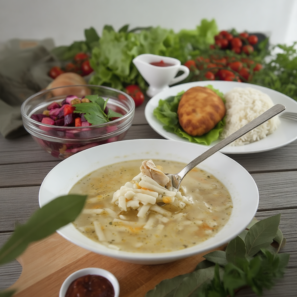 Комбо обед 2: Суп рыбный, Винегрет, Котлета рыбная, Рис